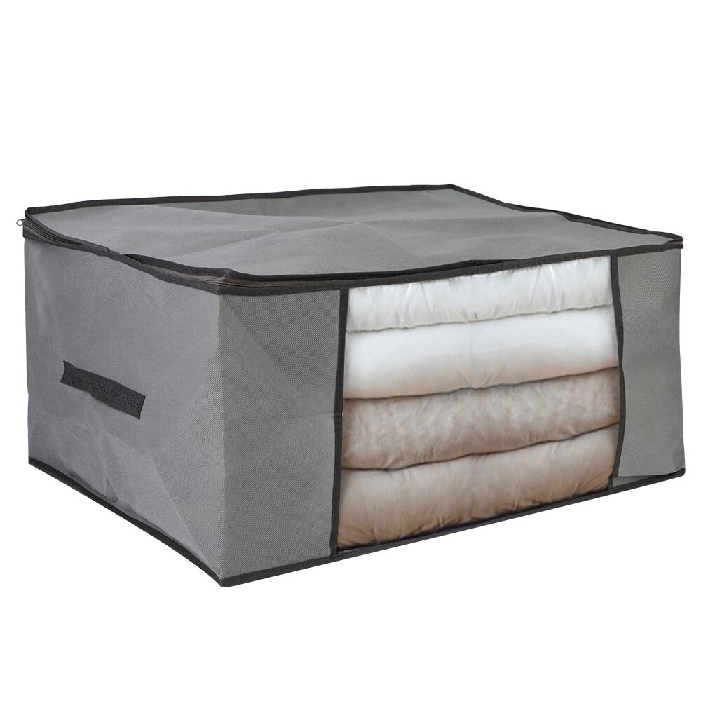 3pcs Non-Woven Fabric Clothing Storage Bag Folding Storage Box Clear Window Zipper Case Clothes Organizer Handles 49x36x21cm: grey 65x45x30cm