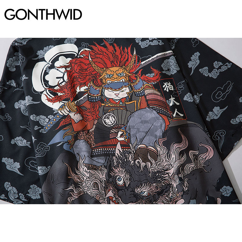 Gonthwid Japanse Samurai Kat Kirin Print Kimono Vest Shirts Jassen Streetwear Mannen Hip Hop Harajuku Casual Zomer Jas Tops