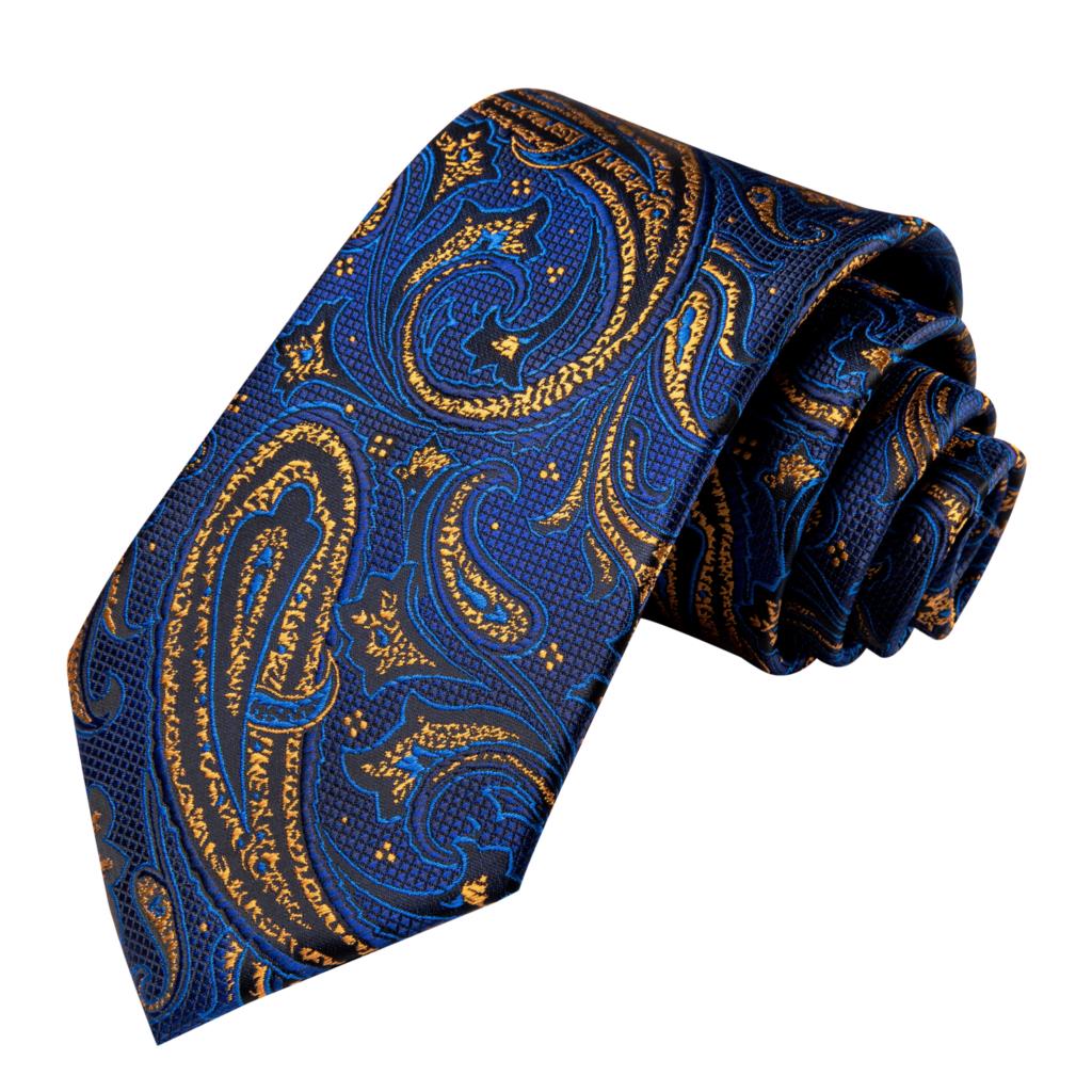Business Navy Blue Gold Paisley Silk Wedding Tie For Men Handky Cufflink Mens Necktie Party Hi-Tie