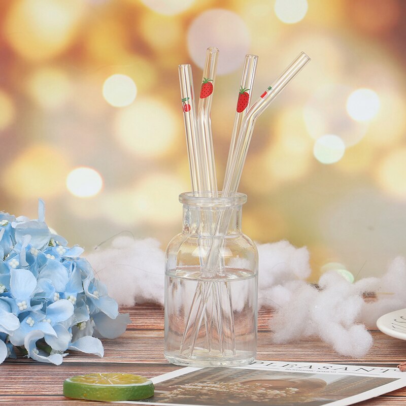 1PCS Fruits Glass Straw Reusable Glass Drinking Straws Cleaner Brush Bent Glass Straws For Smoothies Juice Tea