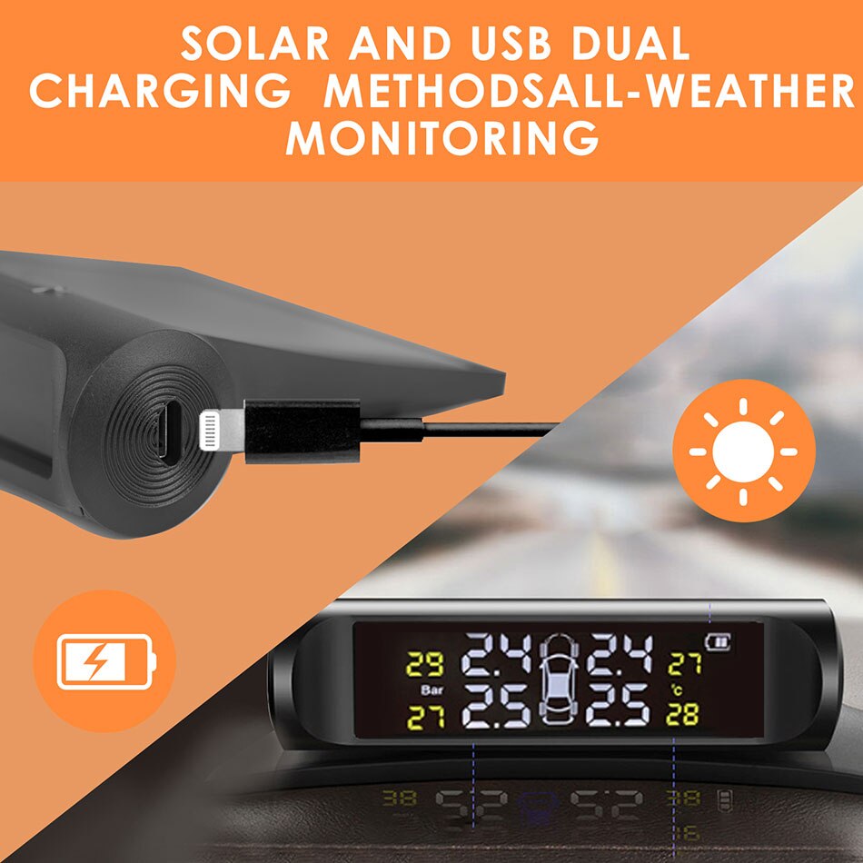 USB solaire double charge voiture TPMS système de surveillance de la pression des pneus HD affichage LCD numérique alarme de sécurité automatique avec 4 capteur externe