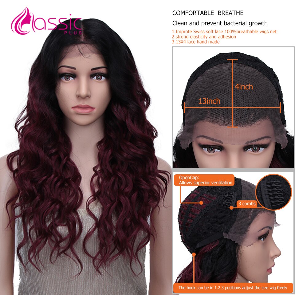 Perruque Lace Wig synthétique ondulée 24 pouces-Classic Plus | Perruque de Cosplay Deep Wave ombré bourgogne brun Blond naturel 13*4 pour femmes noires