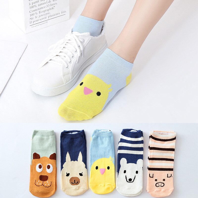 5 Paren/partij Lente Zomer Korea Sokken Vrouwen Cartoon Kat Vos Leuke Animal Print Grappige Onzichtbare Boot Katoenen Sokken: S