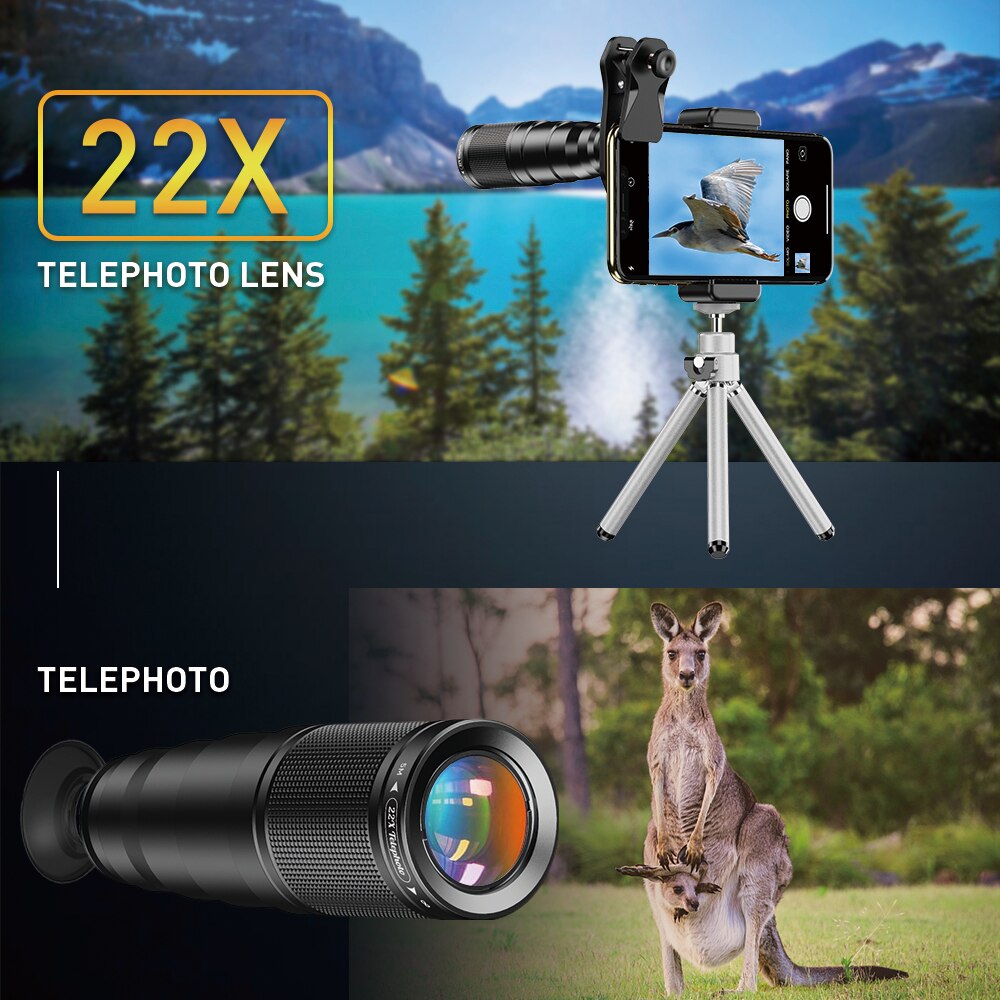 Apexel telefon kamera linsesæt 4 in 1 telezoom 22x objektiv teleskop monokulær bred makro fiskeøje linse stativ til smartphones