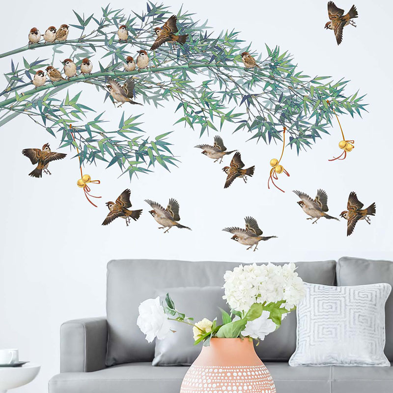 Chinese Inkt Schilderij Bamboe Vogels Muurstickers Voor Woonkamer Slaapkamer Sofa Tv Achtergrond Decor Vinyl Muurstickers Home Decor