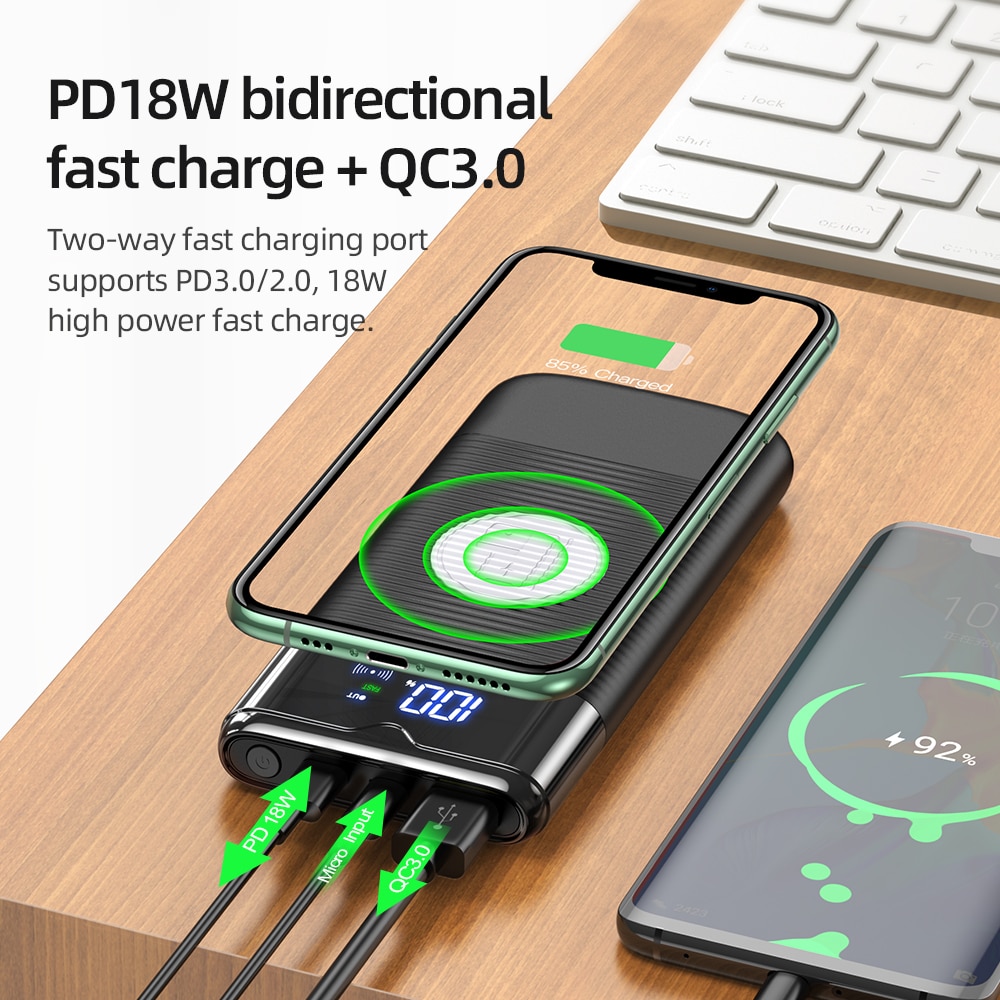 Hoco 10000mAh batterie d'alimentation chargeur sans fil batterie d'alimentation PD + QC3.0 18W charge rapide USB Powerbank batterie externe pour iphone Xiaomi