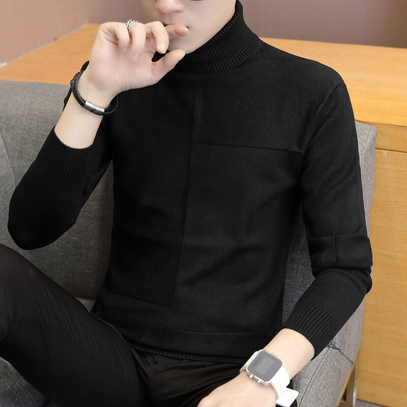 Tröja med turtleneck botten för män enfärgad business casual stickad tröja snygg slimmad lätt match tröja herr cool