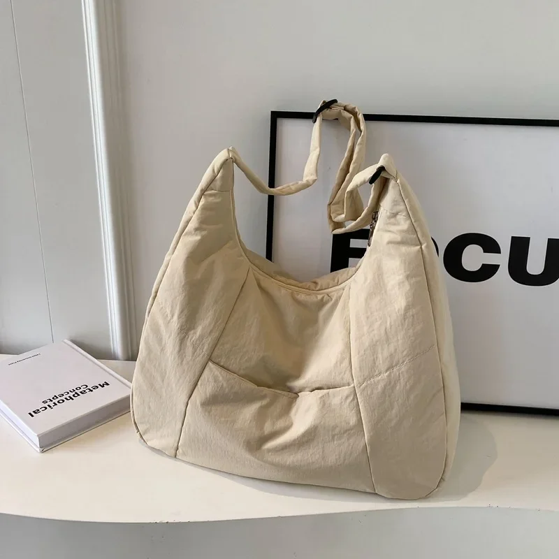 Bolso de hombro de tela suave a la para mujer, Color sólido, estudiante, primavera 2025, Y2k, estilo informal, bolsos grandes, bolsos cruzados para mujer: Beige
