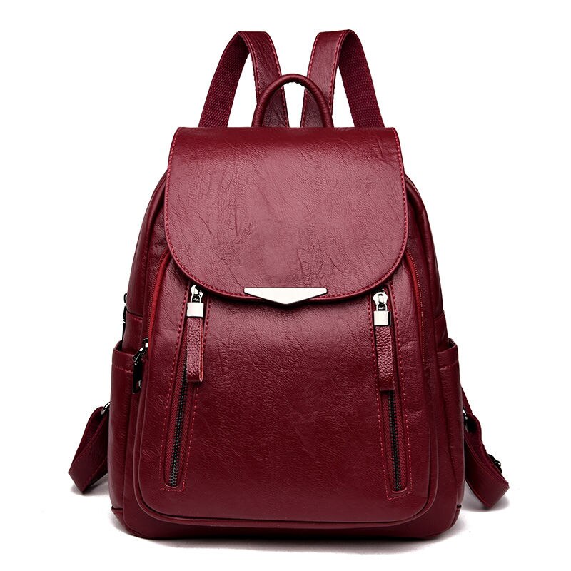 Afslappet kvindelig læder kvinders rygsæk stor kapacitet skoletaske til pige dobbelt lynlås fritid skuldertaske rygsæk: Rød