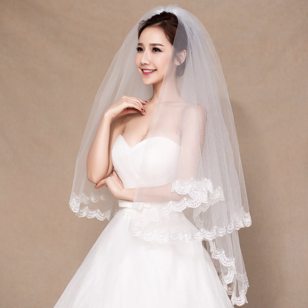 Women Ivory 2 Layer Wedding Bridal Veil with Comb Short Fingertip Length Lace Edge Veil Bride Accessory Soft Sheer Tulle: Default Title