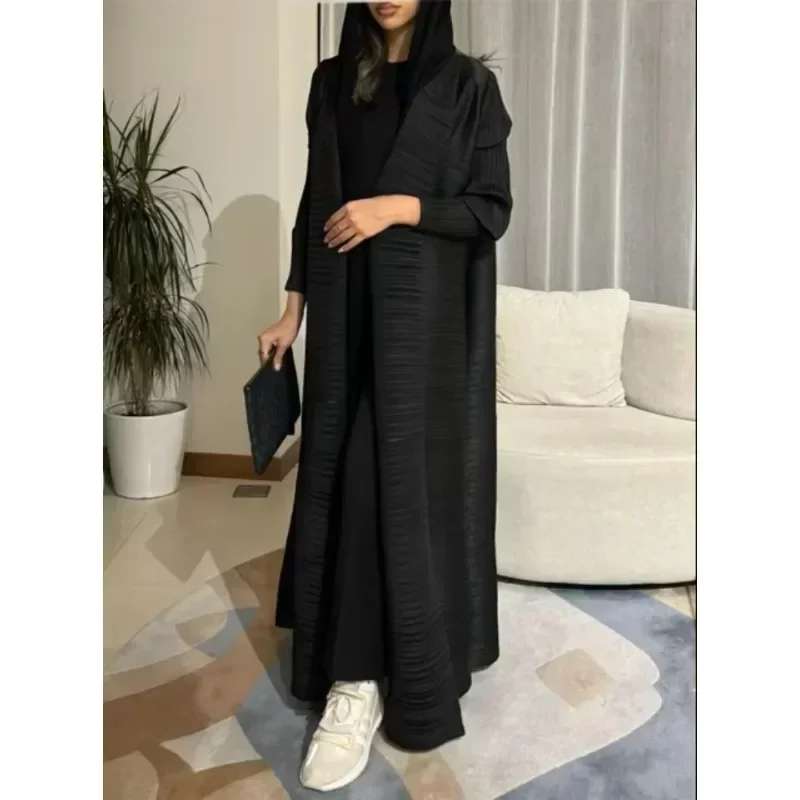 Gghk plisseret kvinders luksuriøse trenchcoat ensfarvet revers langærmet cardigan vintage løs stor størrelse arabisk abaya til kvinder: Blå