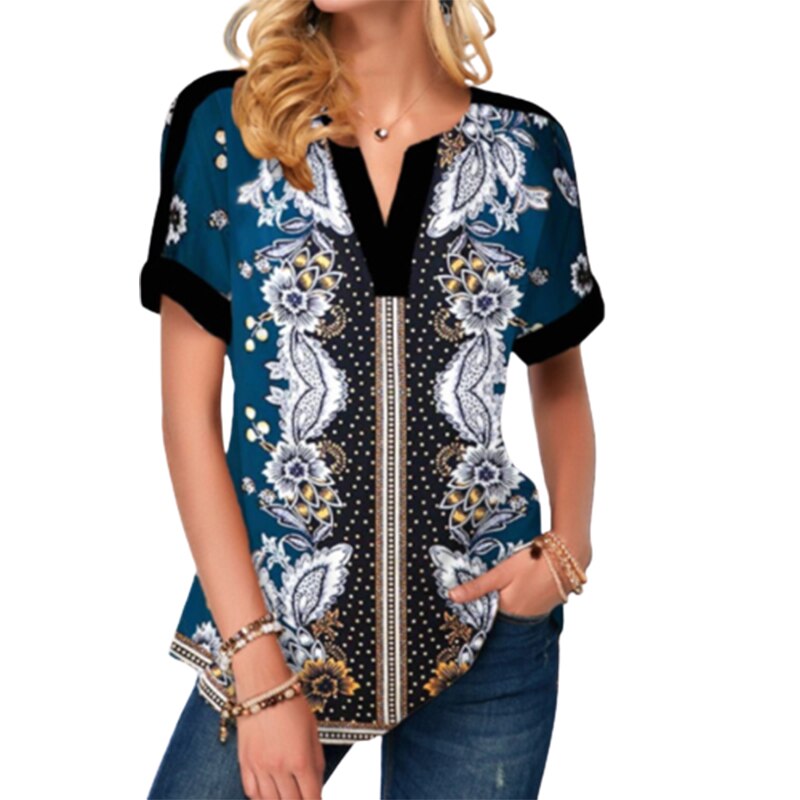 2022 Summer Street Hipster V-neck Personality Print Patchwork Short Sleeve Loose Casual T-shirt Top Women Oversized Tee: M / Light  Blue