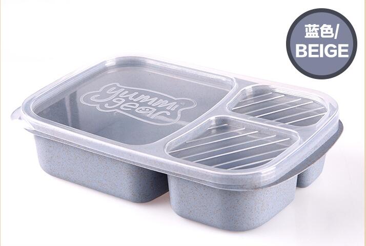 Draagbare Lunch Tarwe Stro Lunchbox Enkele Laag 3 Rooster Met Deksel Magnetron Voedsel Doos Biologisch Afbreekbaar Lunch Opslag Container: Blauw