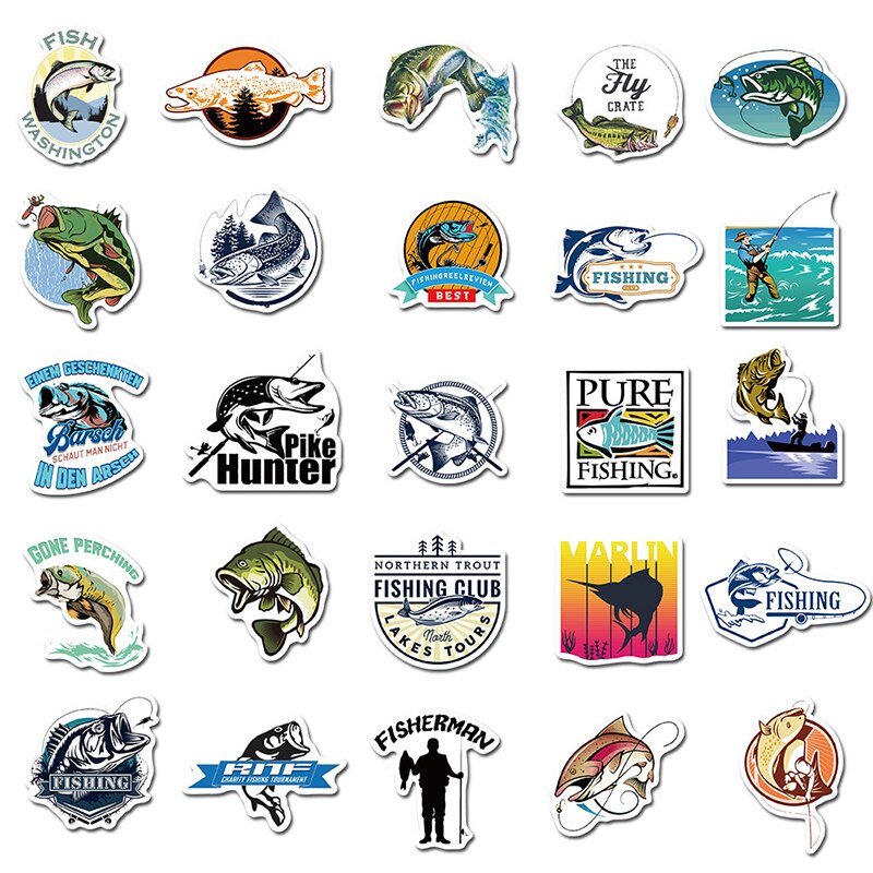 50pcs Fisherman Go Fishing Stickers For Laptop Suitcase Boat Decoration Fishing Tackle Flask Sticker Waterproof Computer Sticker