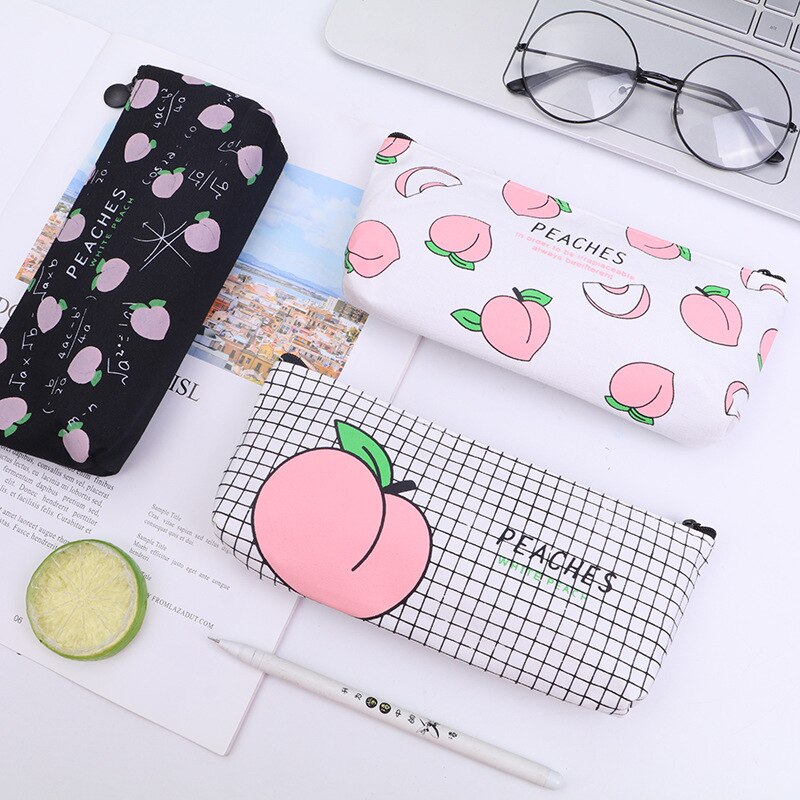 1Pc Canvas Fruit Peach Pencil Case School Pencil Cases for Girl Stationery Canvas Pencil Bag Estojo Escolar School Supplies