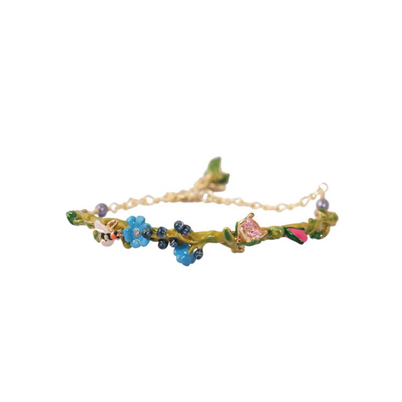 Nouvelle série Rose fleur bleue abeille fleur branche gemme Bracelet femme émail bijoux: Default Title