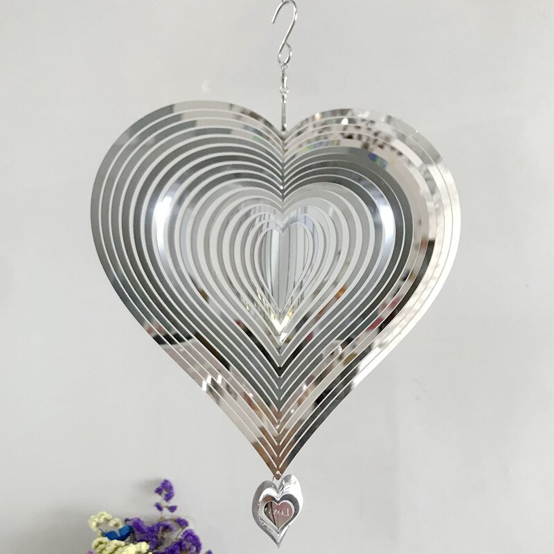 3D Round Rotating Wind Chimes Flowing-Light Effect Home Garden Decoration Outdoor Hanging Decor Shiny Wind Spinners: Silver Heart shaped