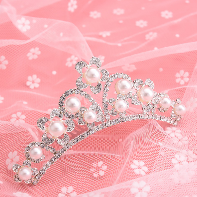 Princess Crystal Pearl Crown Bridal Tiaras Rhinestone Pageant Diadem Kid Girls Bride Headband Wedding Party Hair Accessories