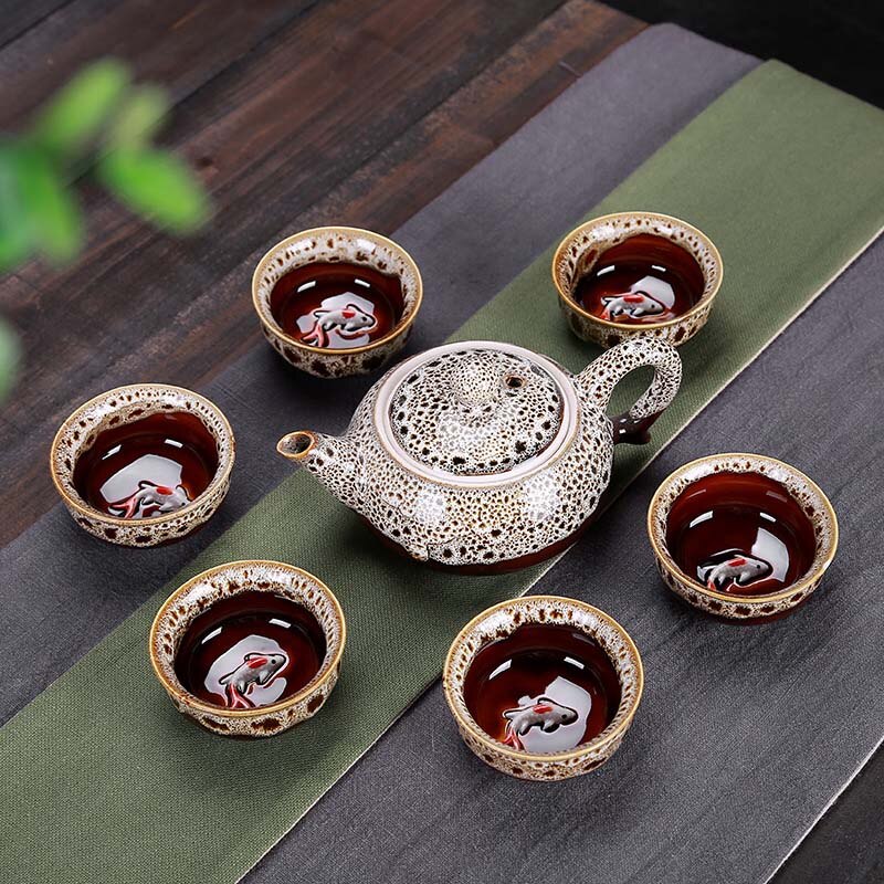 7 st teservisar utsökt celadon -teset inkluderar 6 koppar 1 tepott, jingdezhen -märke utsökt uppsättning kung fu -kopp unikt