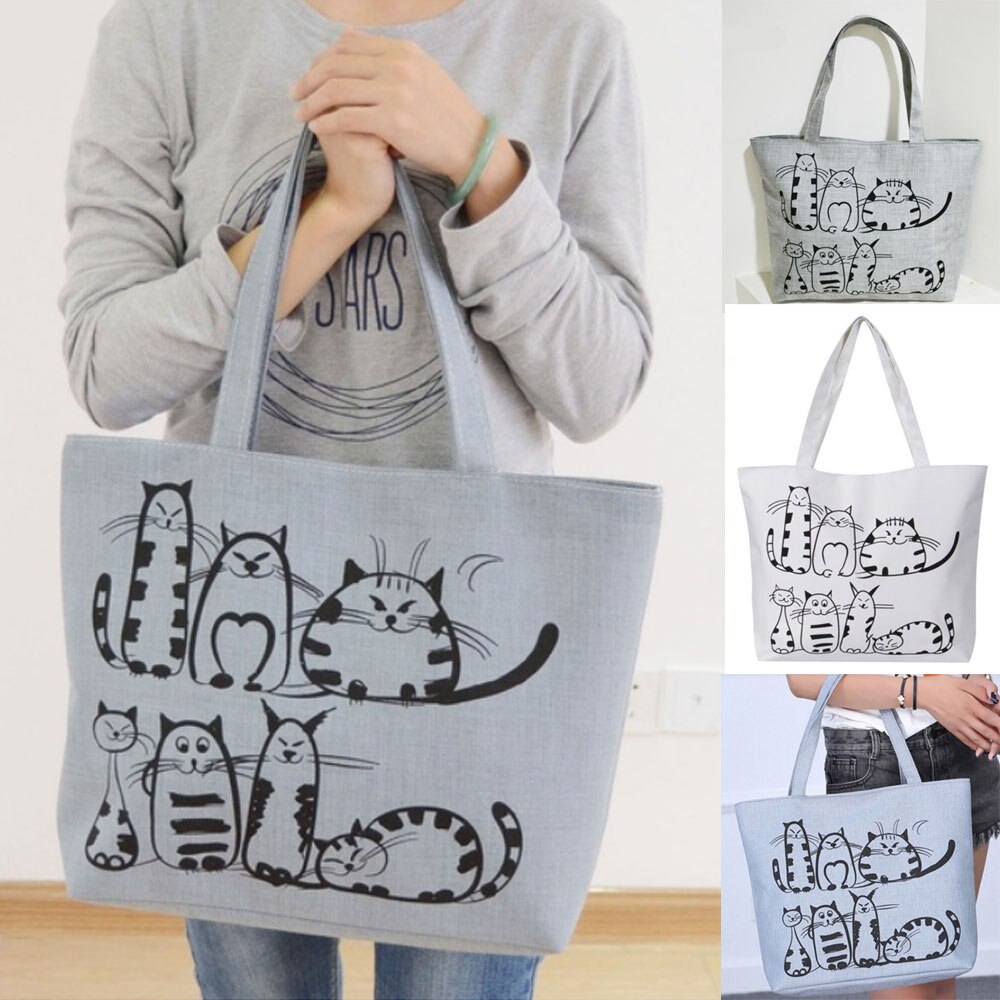 Leuke Cartoon Kat Gedrukt Rits Schoudertas Supermarkt Boodschappentassen Casual Ritssluiting Canvas Tas