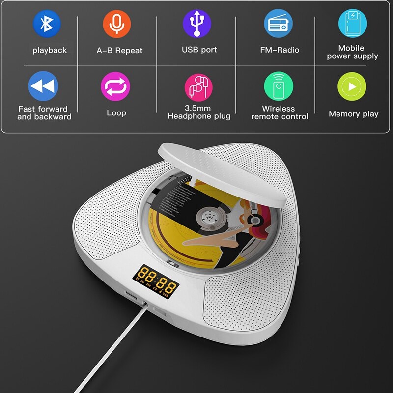 CD Player Wall-Mounted Bluetooth Portable Home Audio with Remote Control FM Radio Built-in HiFi Speakers USB MP3