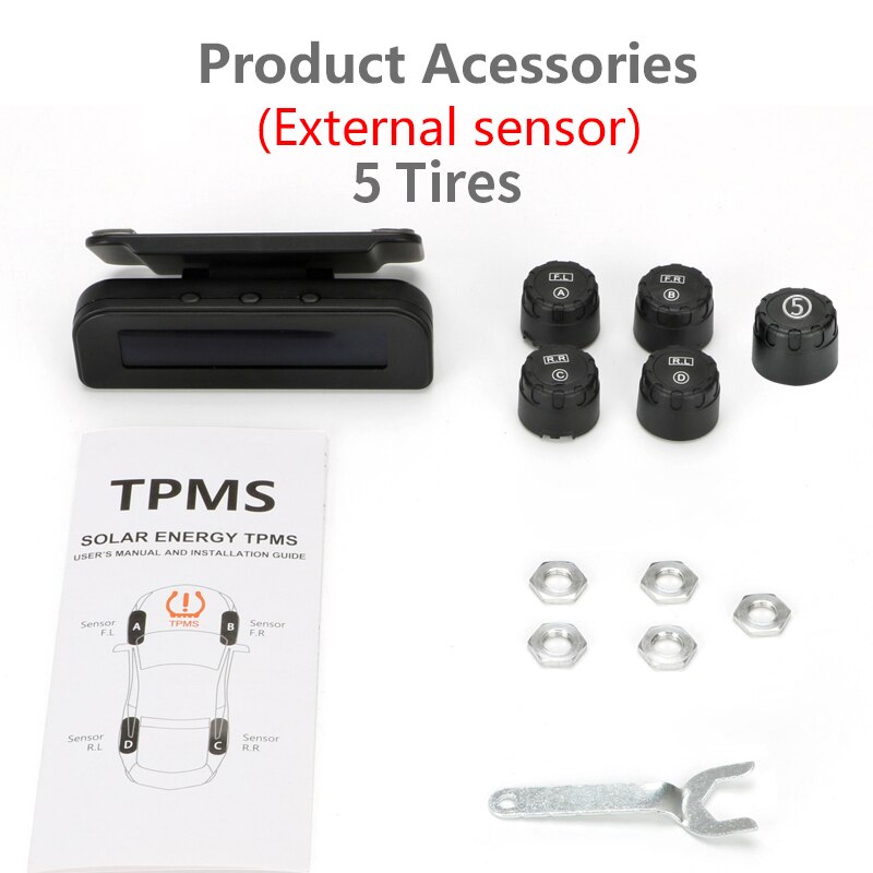Develuck Car Tire Pressure Monitor System Solar Power Adjustable LCD Screen Automatic Brightness Control Wireless 5 Tire TPMS