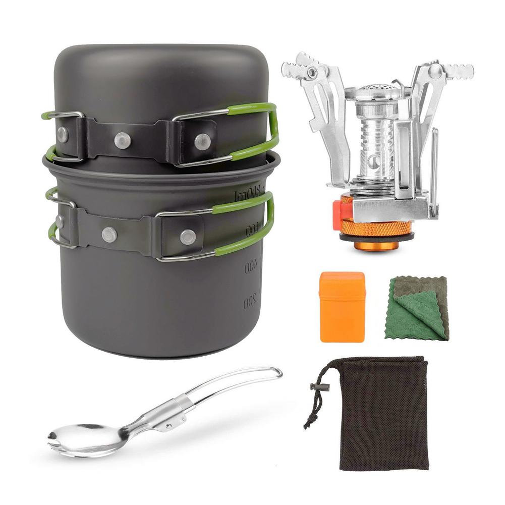 Mini Stove Outdoor Hiking Fishing Folding Gas Water Heater Cooker Camp Pot Set Portable Cooker Pot Set Travel Camping: green