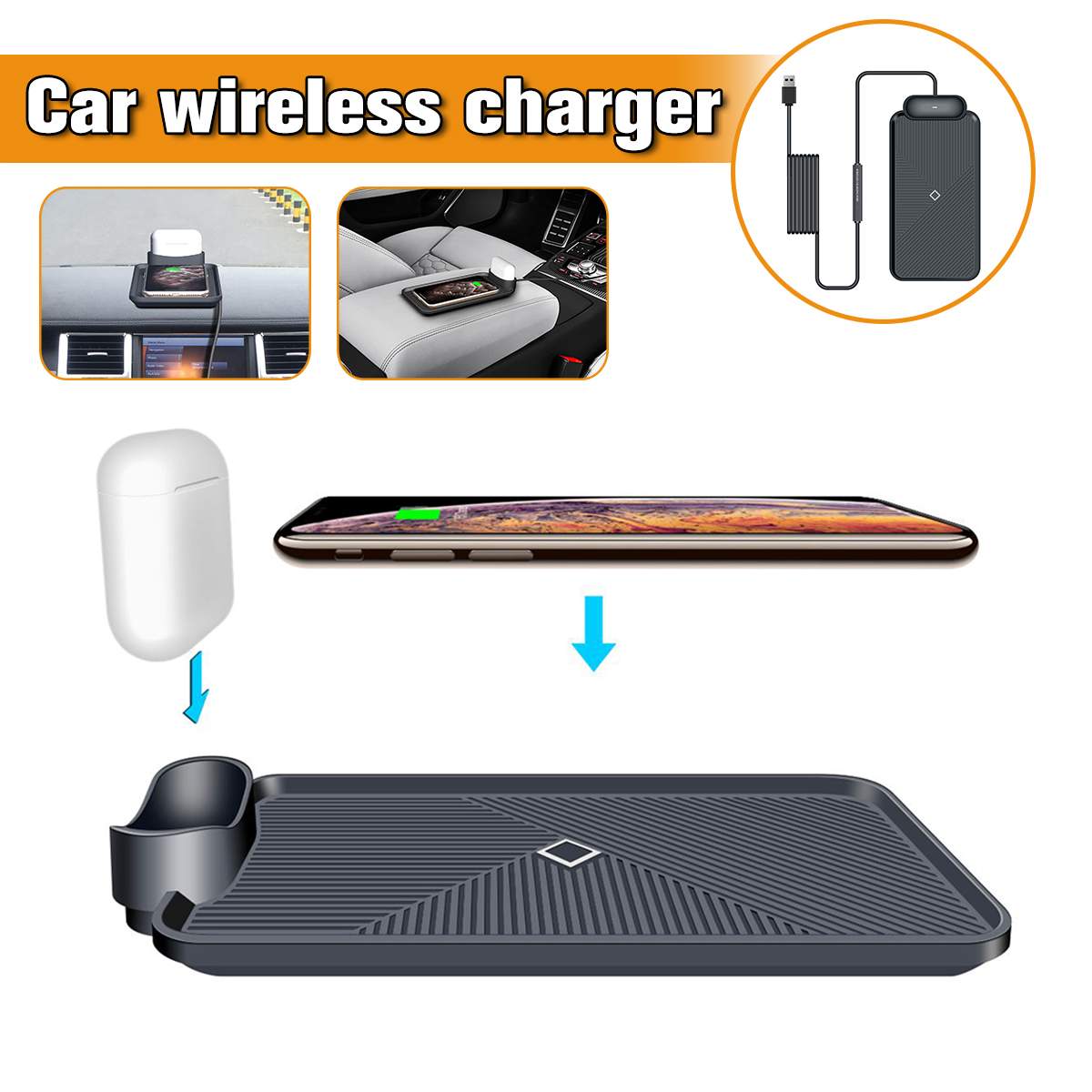 Base de carga inalámbrica 10W Qi para teléfono de coche soporte de carga rápida alfombrilla antideslizante de silicona para AirPods 1/2/Pro para iPhone 11