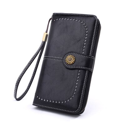 Damen-geldbörse aus gewachstem leder im retro-stil mit langem reißverschluss, handytasche, kartenetui und handtasche.: Schwarz