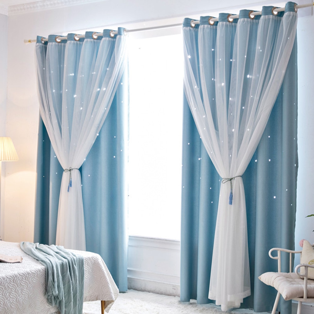 2 stk moderne gardiner til soveværelse vinduesgardin til stue gardiner udhulede stjerner skyggegardin gardiner hjem dekoration: Blå / 1*2.5