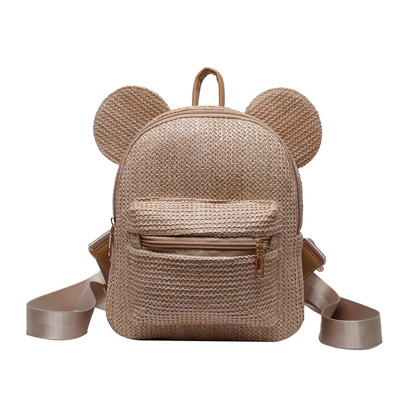 Bear Ears Plush Female Backpack Faux Fur Shoulders Bag Cute Furry Women Bag Winter Bags For Women 2022 Mini Girl Backpacks: Khaki Straw Backpack