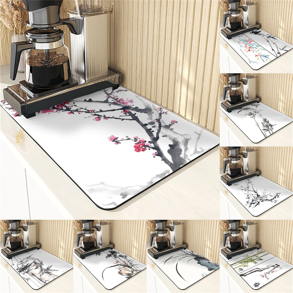 Chinese Stijl Absorberende Droogmat Voor Keuken Placemats Voor Tafel Gootsteen Diatomeeënaarde Mat Plant Patroon Siliconen Afwasmatten