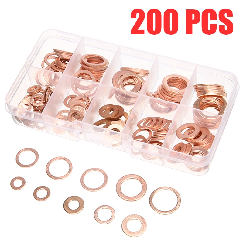 200pcs Solid Copper Washer Gasket Seal Flat Ring Fuel Hydraulic Fittings Set for Full Set Gaskets