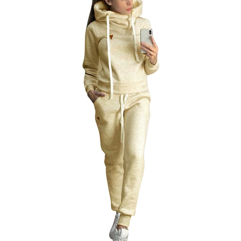 2 Piece Winter Tracksuit Warm Sportwear Sets Women Autumn Hooded Sweatshirt Sets Sport Hoodies + Casual Jogging: Apricot / S