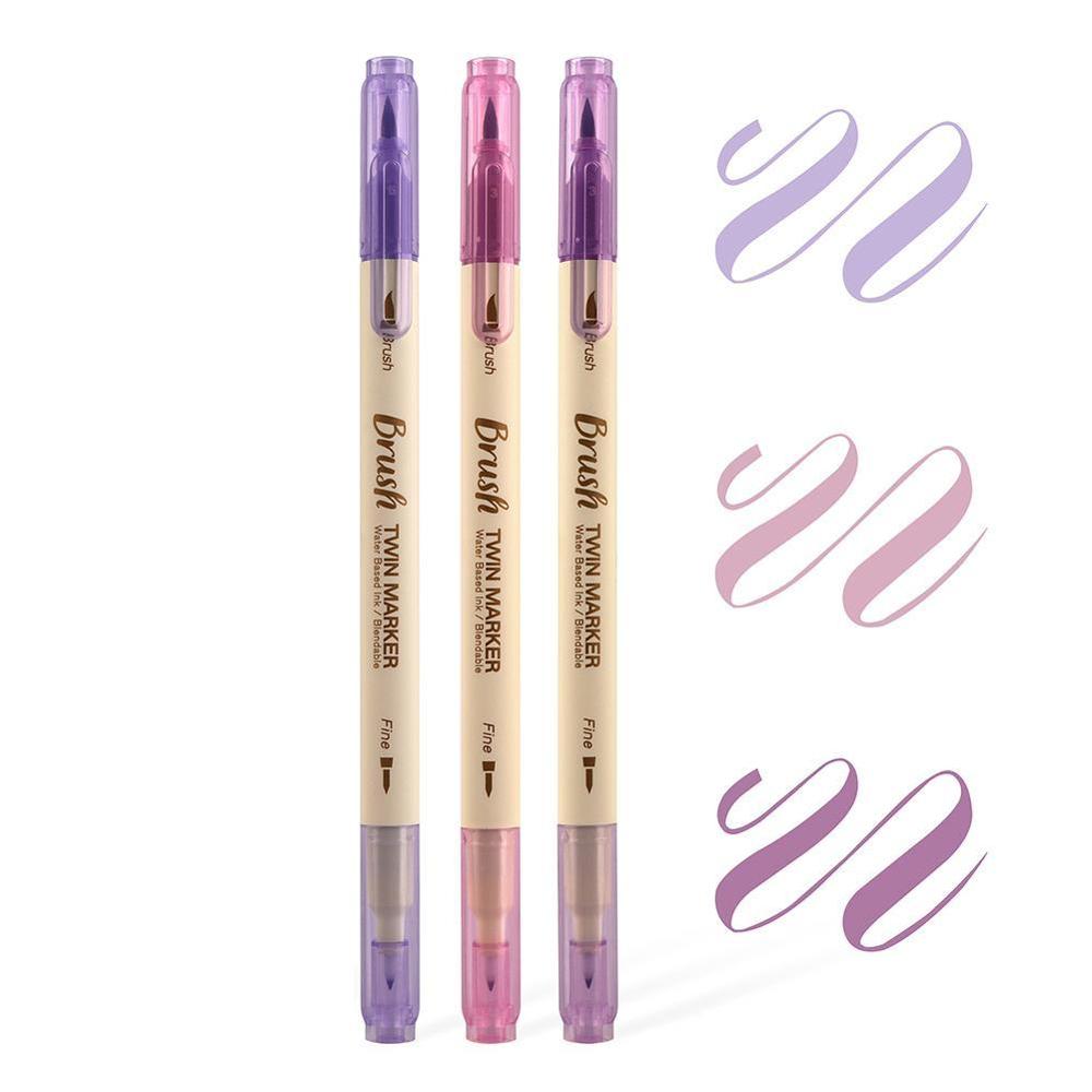 3 pçs highlighter caneta retro dupla cabeça escova caneta criativa arte marcador desenho pintura aquarela material escolar papelaria: C