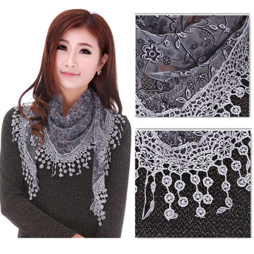 Women's Triangle Wrap Floral Women's Scarf Pure Laces Tassel Triangle Scarf Chiffon Stole Soft Scarves