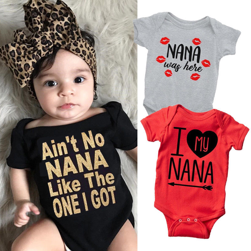Bebé niño niña manga corta NANA letra de impresión Romper cubierto mono de botón ropa