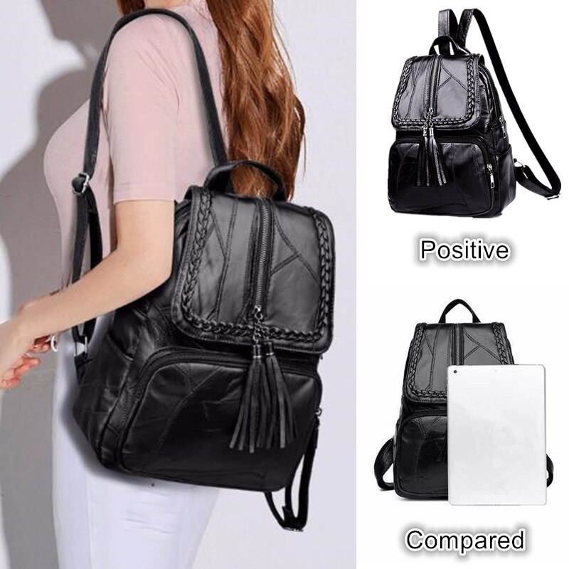 Women's PU leather backpack School bag classic black waterproof travel multi-function Shoulder bag