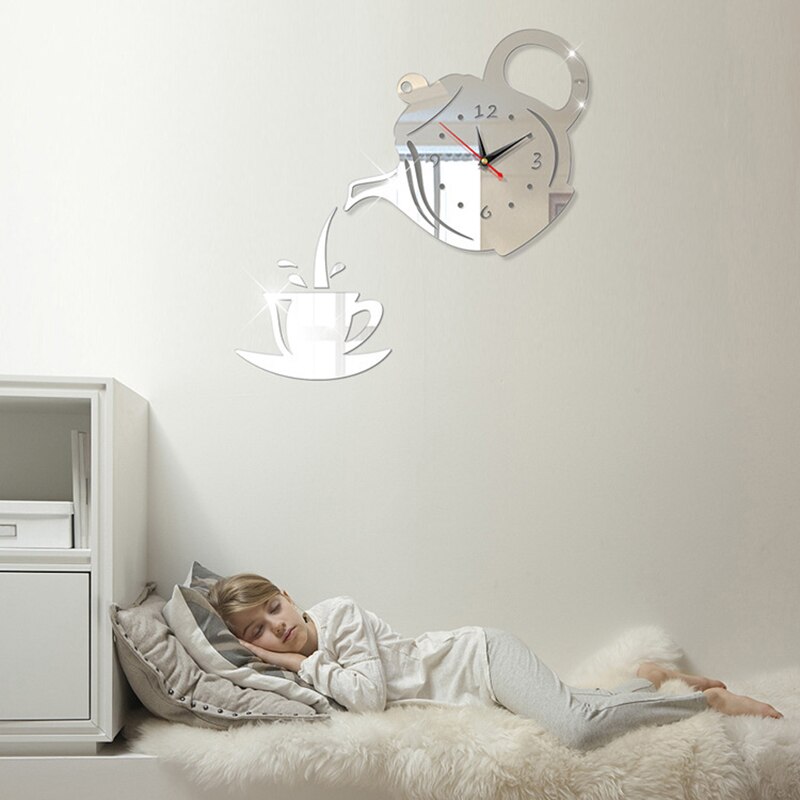 Taza de acrílico para café, tetera, 3D Reloj de pared, relojes decorativos de pared de cocina, reloj de decoración para el hogar, Relojes de pared de cocina, sala de estar