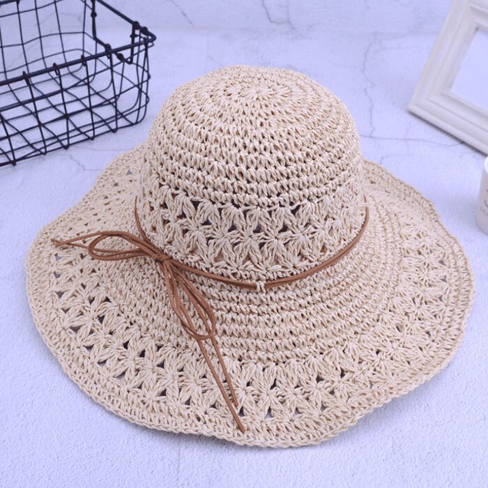 Band kvinders hæklede hule kuppel sommerhatte til kvinder mesh stråhat foldbar solhat strandhat sombrero: Beige