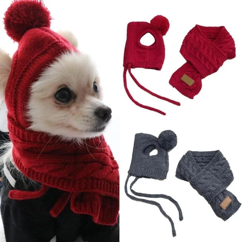 Mütze für Hunde, Winter, warme Streifen, Strickmütze + Schalkragen, Welpen-Teddy-Kostüm, Weihnachtskleidung, Weihnachtsmann-Hundekostüm