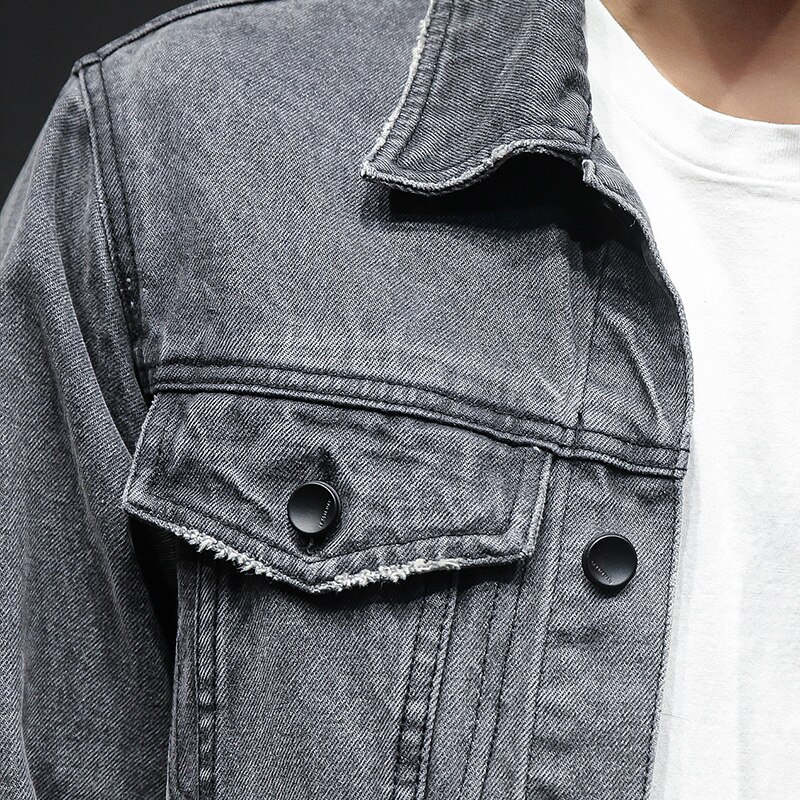 Herfst mannen korte denim jasje, trend slim retro casual jas, grijs denim wilde lente jas heren kleding