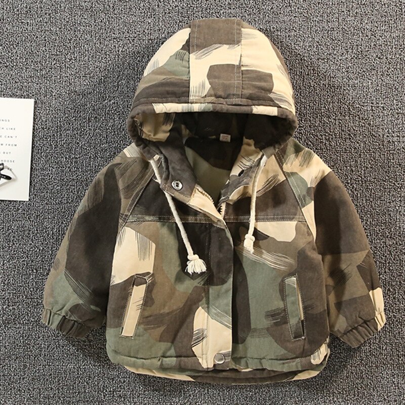 Buitenlandse Jongen Dikke Jas Herfst En Winter Kleding Kinderen Camouflage Korte Plus Fluwelen Windjack Jongen Tij: Army Green / 12m