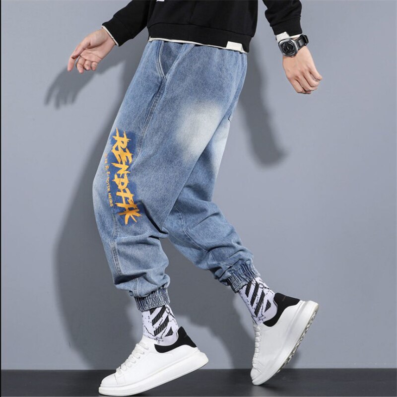 Spring Harem Pants Men Loose Straight Jeans Elastic Waist Baggy Trouser Hip Hop Style Trendy Jeans Plus Size