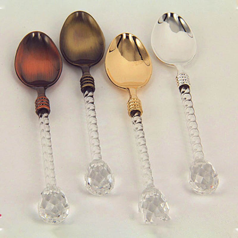 1 st tesked bestick legering multifunktions köksredskap liten kaffesked socker te dessert bestick kristallhandtag vintage