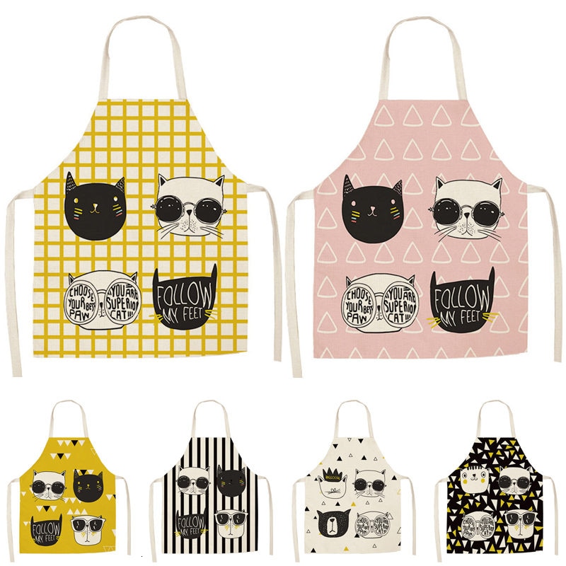 Mooie cartoon katten keukenschorten voor vrouwen katoenen linnen slabbetjes huishoudelijke schoonmaakschort thuis kookschort 53*65cm wq0026