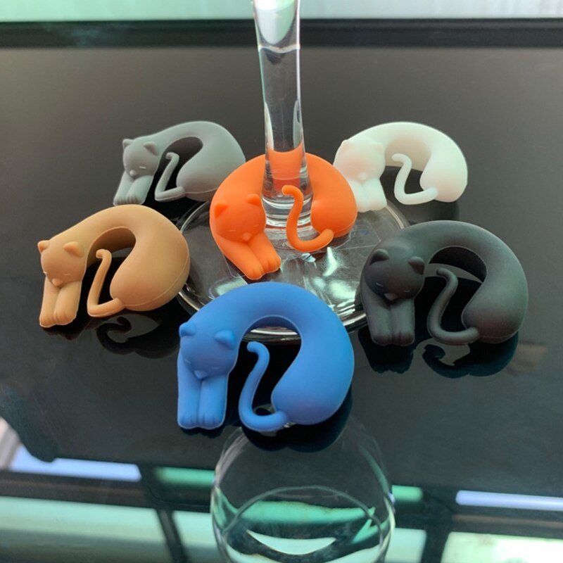 Wine Glass Markers Set of 6 Cute Cat Dog Silicone Drink Glass Charms Tags Identification Cup Labels Signs for Party Bar
