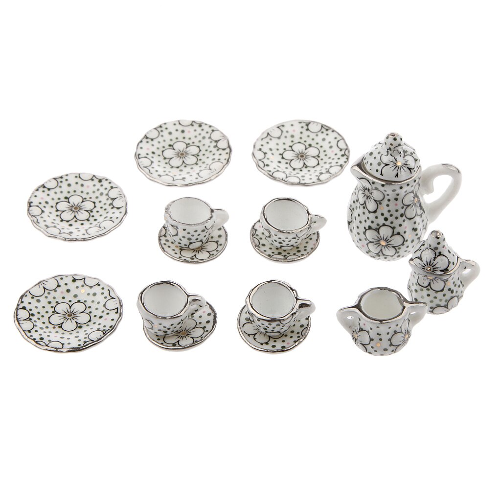 17 Pcs Porselein Miniatuur Koffie Thee Kopjes Schotels Set Poppenhuis Accessoires