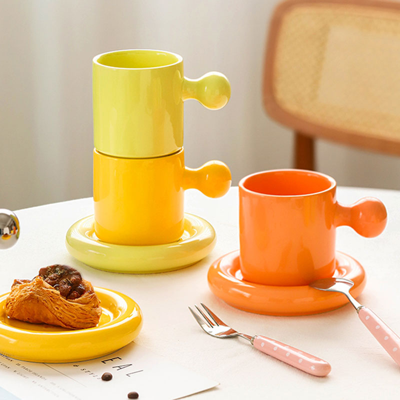 Taza con mango de bola redonda de 300ml, juego de platos, Taza de cerámica personalizada para café, té, platillo, cocina, oficina, decoración del hogar