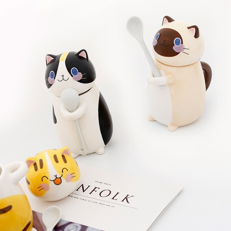 ¡Novedad! Gato de cerámica con forma de taza para café bonito y cuchara taza para la leche creativa pintada a mano, novedosos